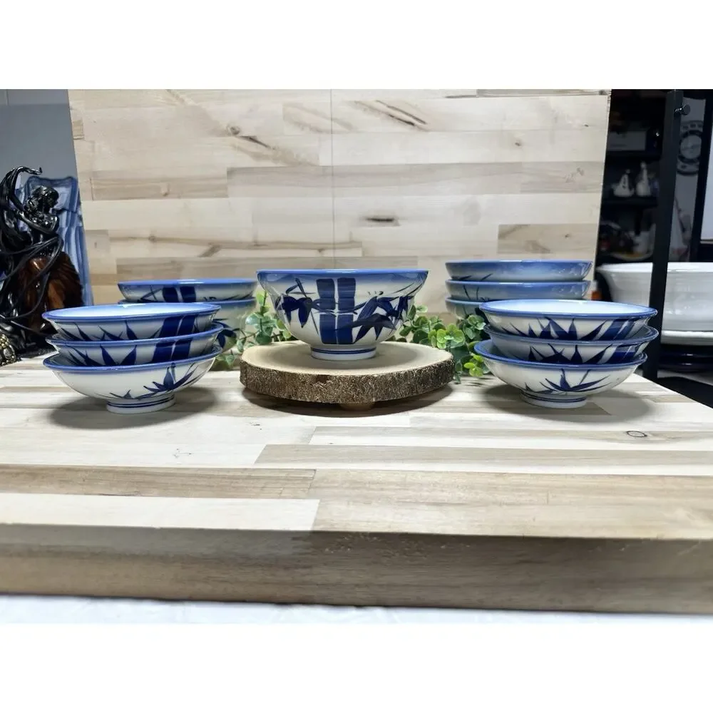 Set/12 Vintage Chinese Porcelain Rice Bowls Blue‎ & White Bamboo Motif 6 LG 6 SM
